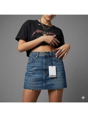 Ética Womens Denim Mini Skirt Blue Size 24 Organic Cotton Studded Frayed Hem New